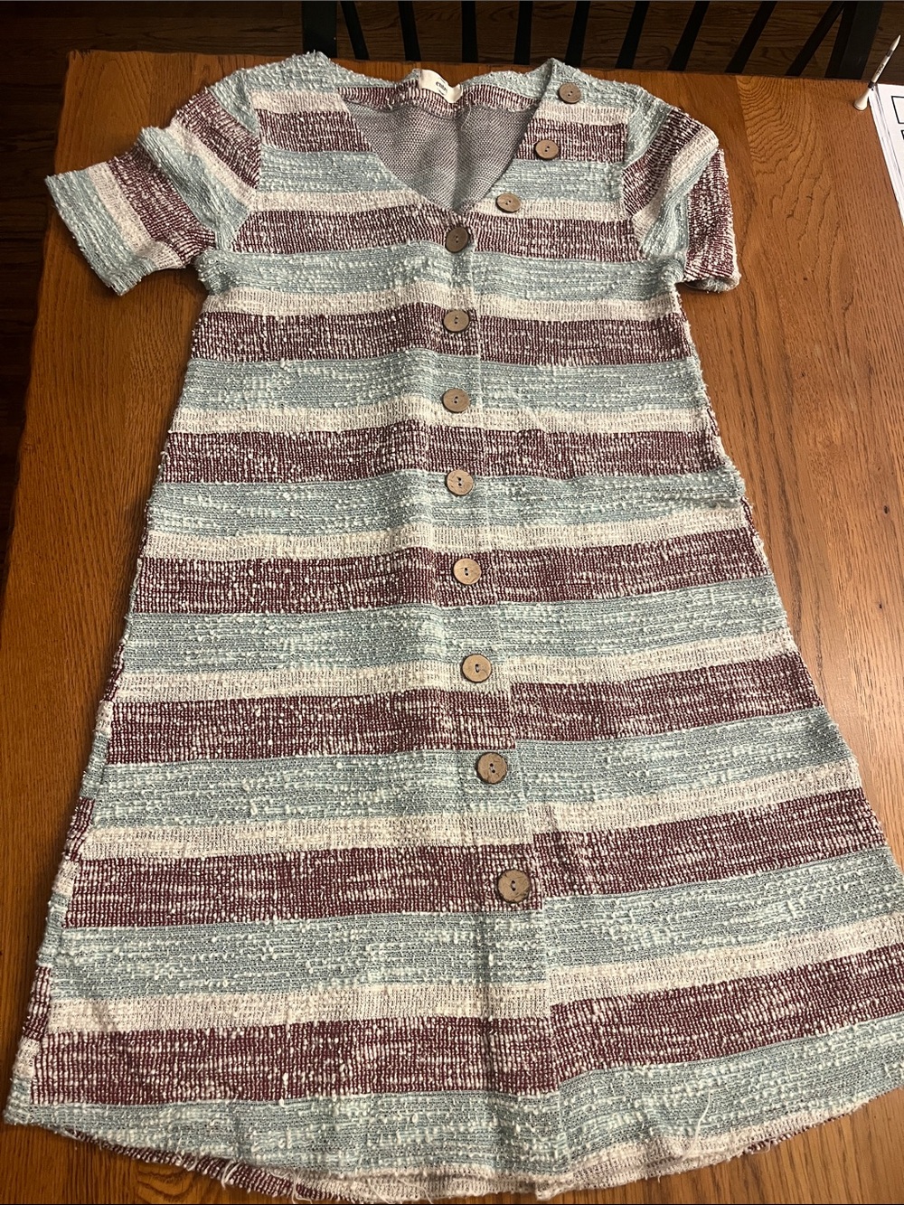 Striped Short-Sleeve dButton-Front Women's Dress in Light Blue and Burgundy